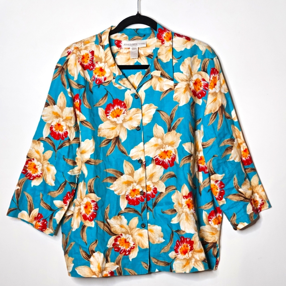 Jones New York Sport 100% Linen Floral Hawaiian Button-Up Womens XL Top Tropical